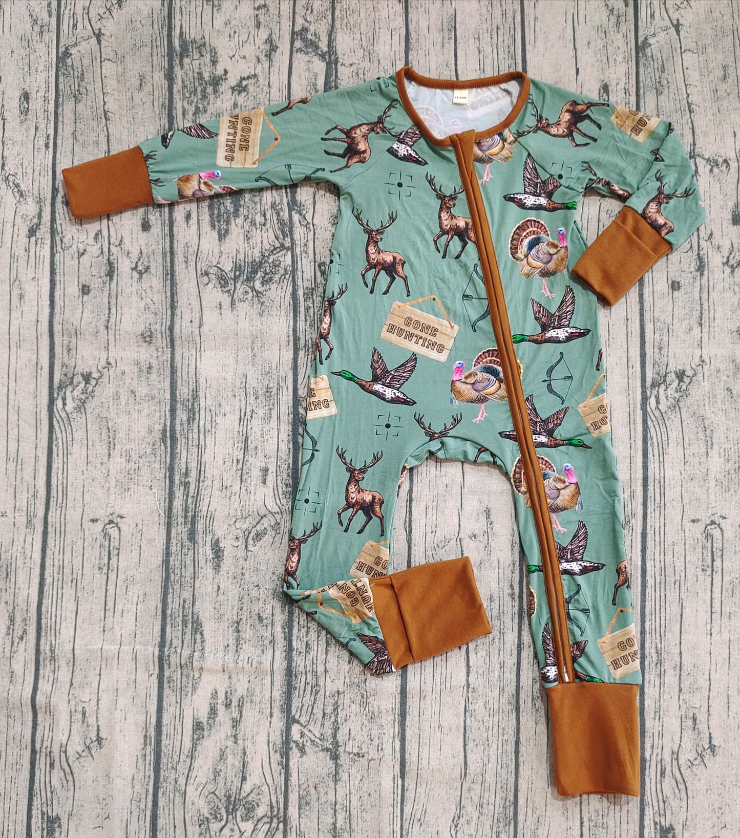 Preorder (moq 20)Baby Boys Bamboo Long Sleeves Deer Ducks Hunting Zipper Romper
