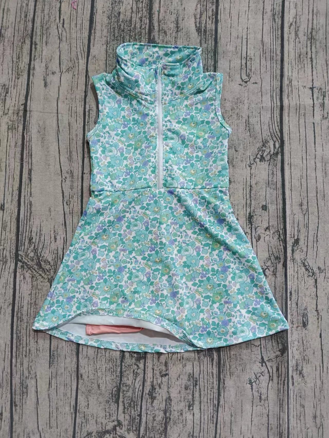 Preorder moq 5 Baby Girls Short Sleeves Blue Flowers Zipper Knee Length Dresses