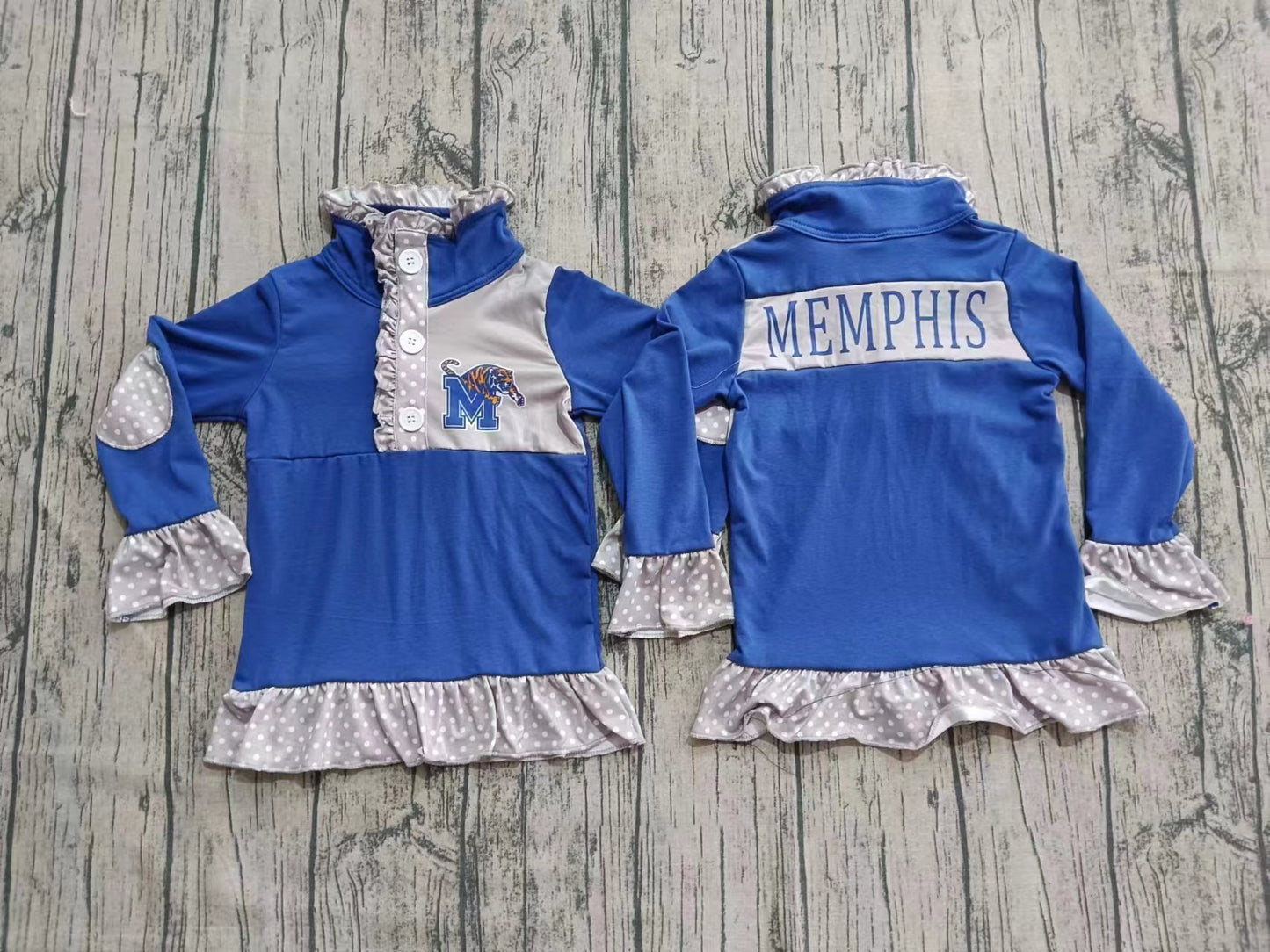 Preorder (moq 5)Baby Girls Blue Long Ruffle Sleeves Memphis Button Pullovers Top