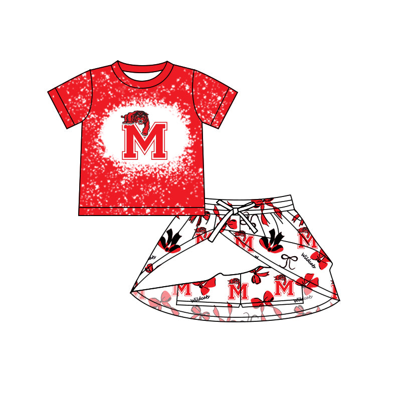 Preorder (moq 5)Baby Girls Red Short Sleeves Wildcats Top Bows Skorts Team Sets