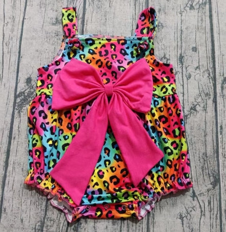 Preorder moq 5 Baby Infant Girls Strap Colorful Leopard Bows Ruffle Romper