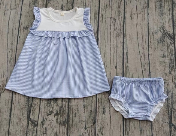 Preorder moq 5 Baby Girls Blue Stripes Sleeveless Tunic Ruffle Bummies Set