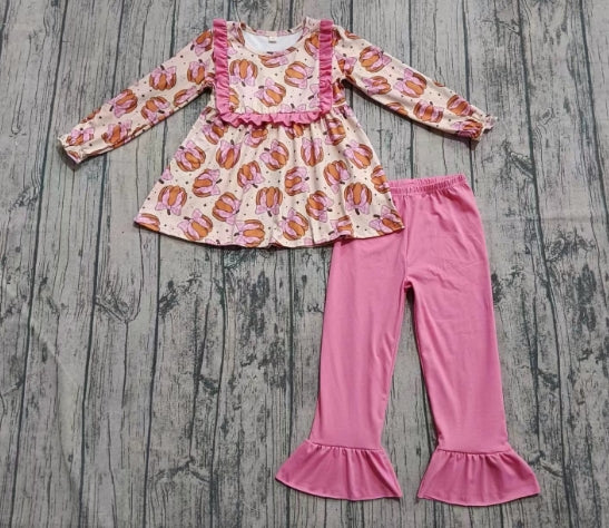 Preorder moq 5 Baby Girls Pink Long Ruffle Sleeves Bows Pumpkins Plaid Tunic Pants Set
