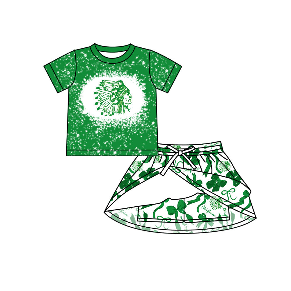 Preorder (moq 5)Baby Girls Green Short Sleeves Chieftains Top Bows Skorts Team Sets