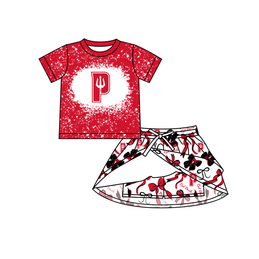 Preorder (moq 5)Baby Girls Red Short Sleeves Red Devils Top Bows Skorts Team Sets