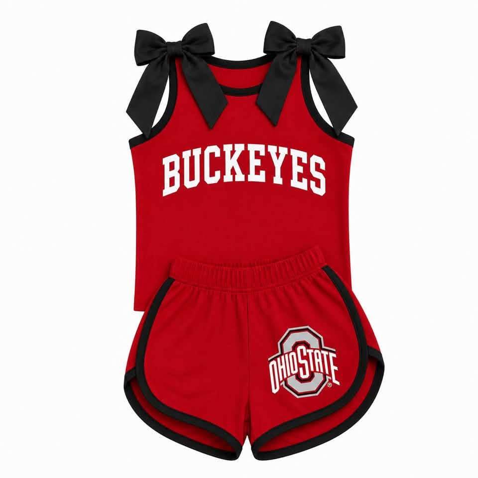 Preorder (moq 5)Baby Girls Buckeyes Bows Shirts Ohio State Shorts Team Clothes Sets