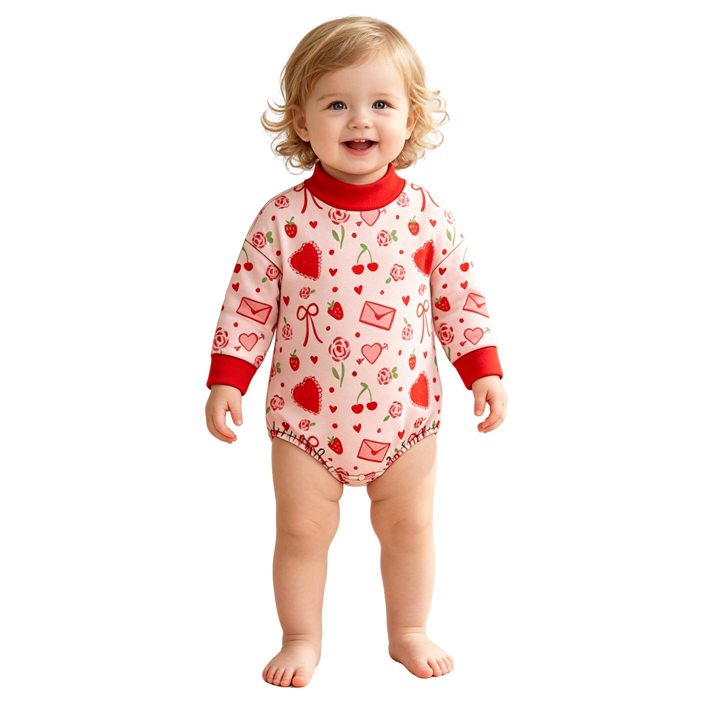 Preorder(moq5) Unisex Valentines Day Bodysuit Heart Envelope Bow Print O-Neck Long Sleeve Infant Romper Jumpsuit