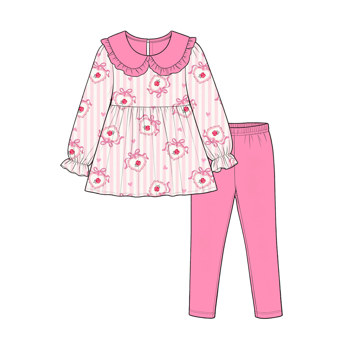 Preorder(moq5) Girls Valentine Pajama Set Geometric Pattern Lapel Button-Down Long Sleeve Top Pants Casual Soft Kids
