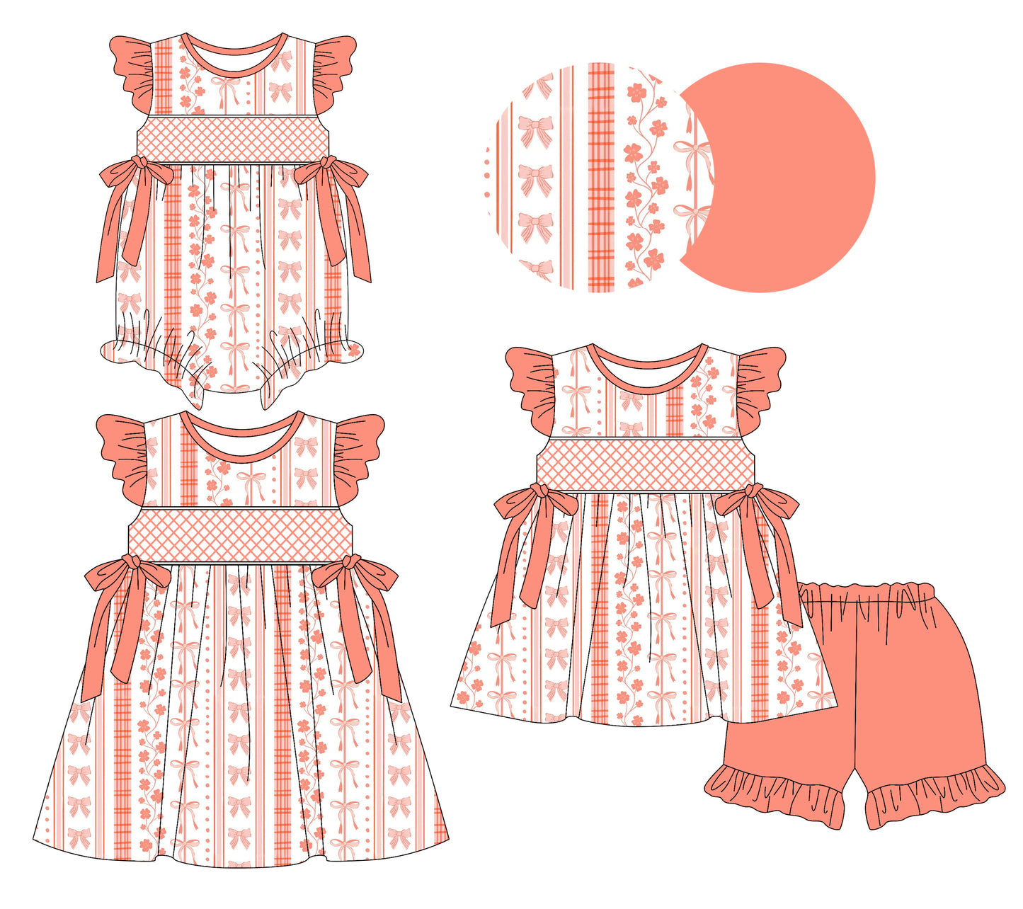 Preorder moq 5 Custom Baby Girls Peach Bows Floral Tunic Ruffle Short Set Knee Length Dress And Rompers