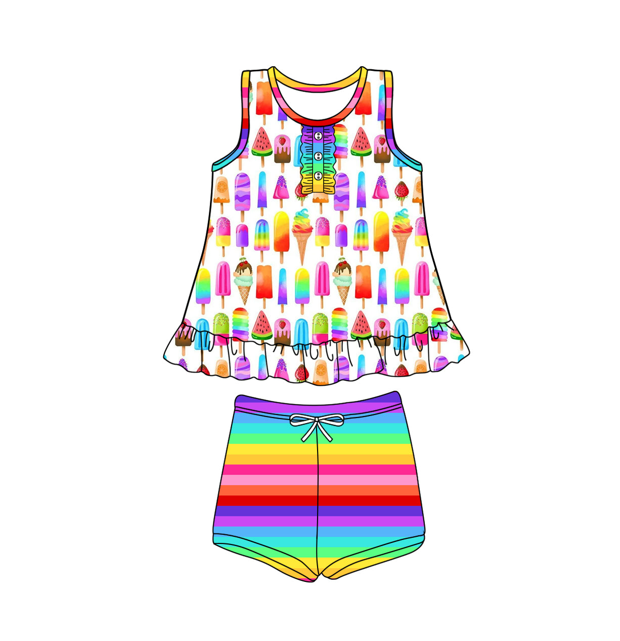 Preorder (moq 5)Baby Girls Summer Colorful Popstick Tunc Shorts Clothes Sets