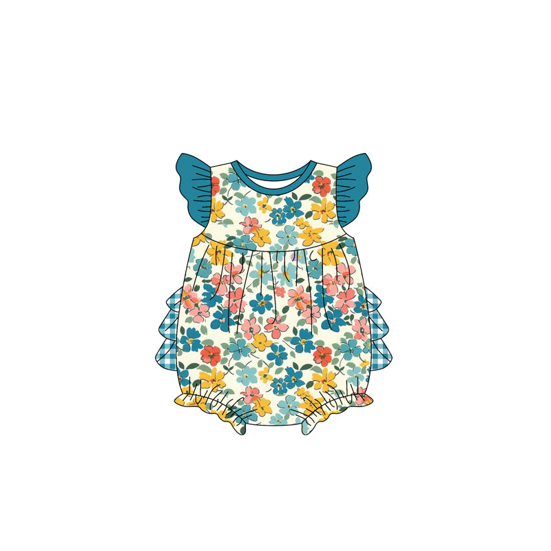 Preorder(moq 5)Baby Infant Girls Dark Green Flowers Spring Ruffles Rompers