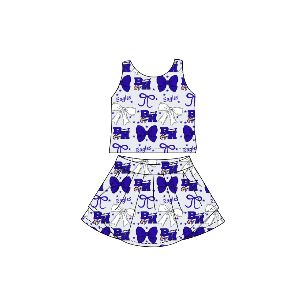 Preorder (moq 5)Baby Girls Blue Bows Eagle team Top Skirt Skort Sets