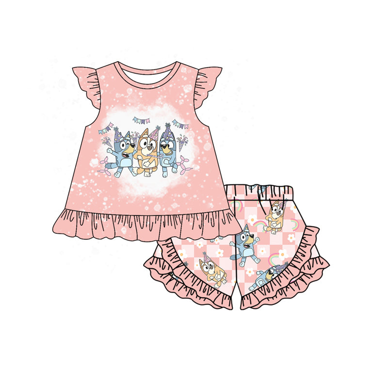 Preorder (moq 5)Baby Girls Pink Dogs Birthday Tunic Ruffle Shorts Clothes Sets