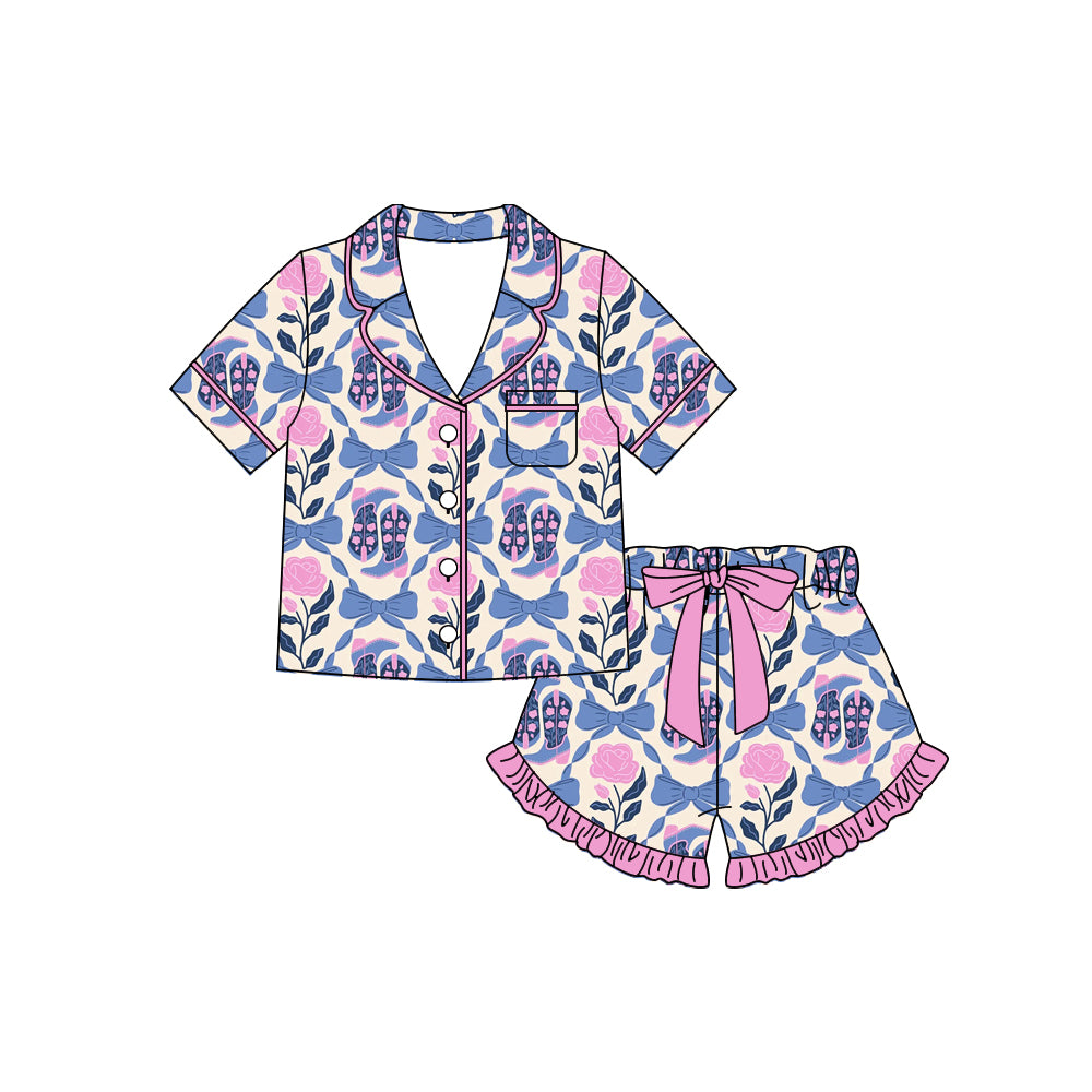 Preorder moq 5 Baby Girls Boots Flowers Bows Button Pocket Top Ruffle Shorts Western Pajamas Sets