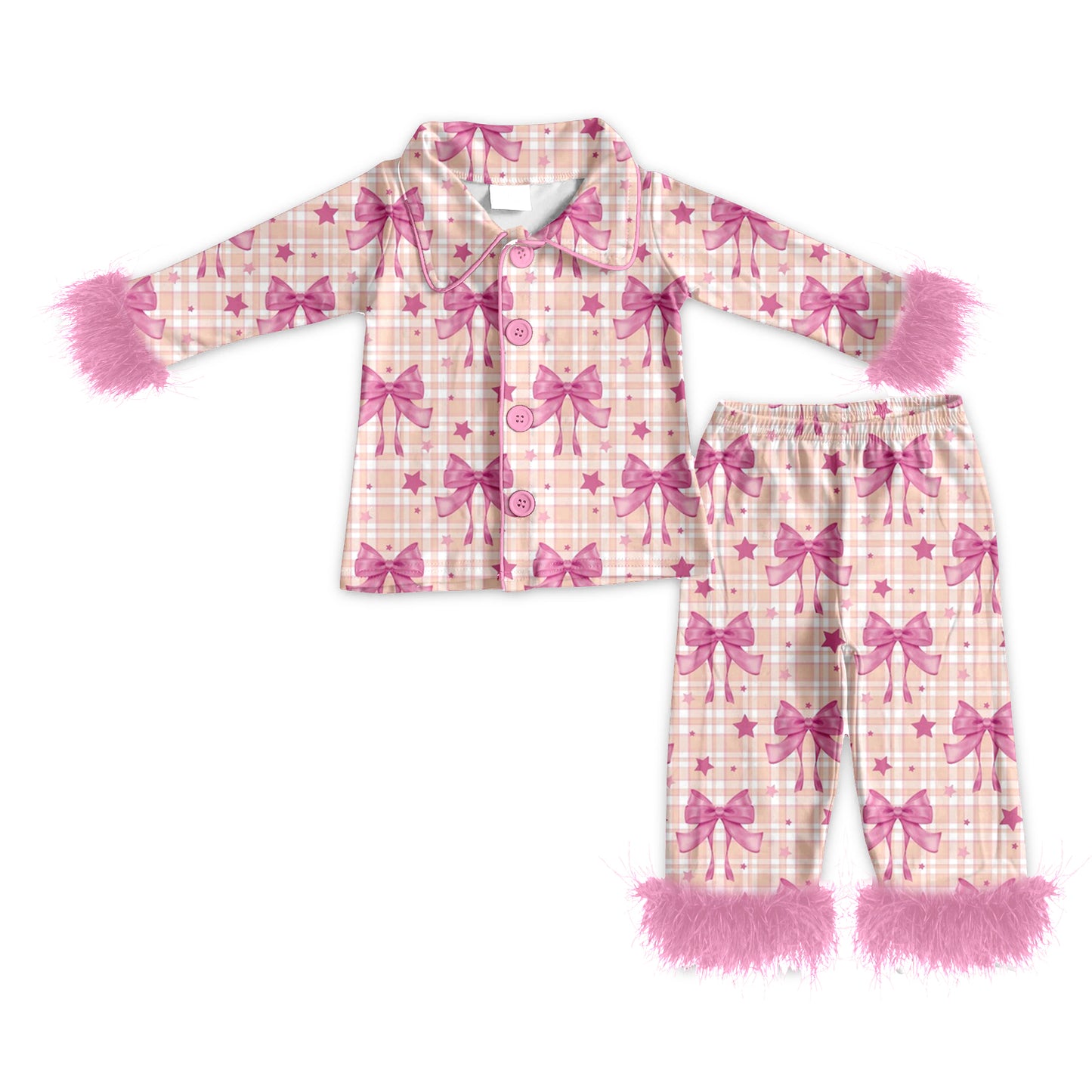 Preorder (moq 5)Baby Girls Long Sleeves With Fur Pink Plaid Stars Bows Button Top Pant Pajamas Set
