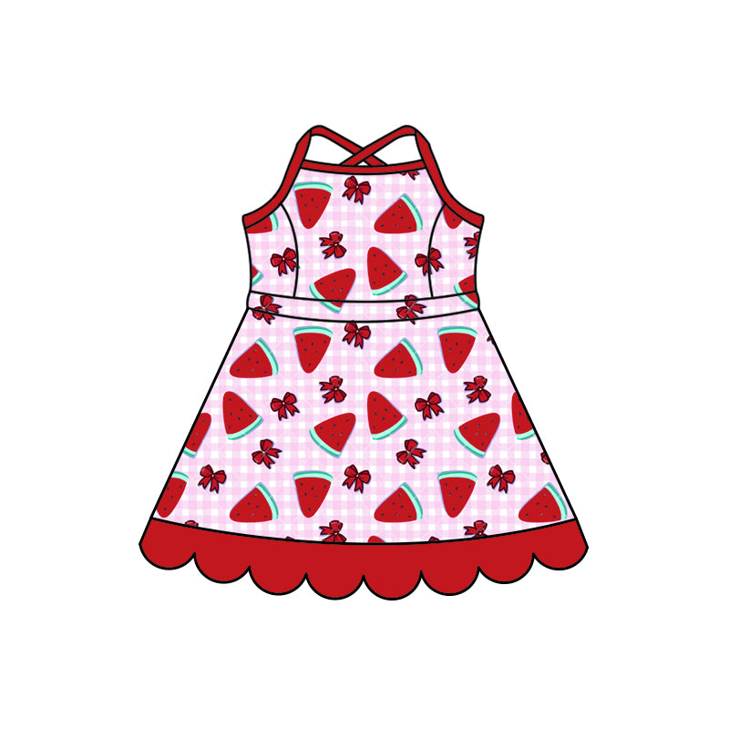 Preorder (moq 5)Baby Girls Strap Red Bows Checked Watermelon Scallop Knee Length Dress