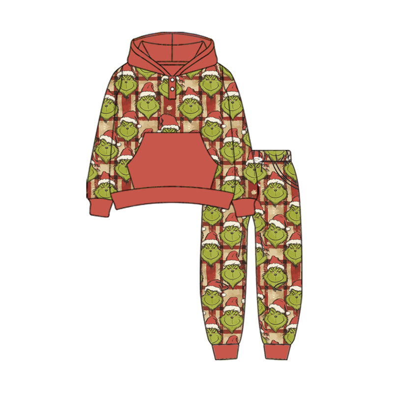 Preorder(moq 5) Baby Boys Long Sleeves Green Face Plaid Pockets Button Hoodies Pants Set