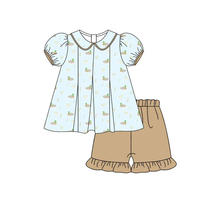 Preorder (moq 5)Baby Girls Short Ruffle Sleeves Ducks Tunic Khaki Ruffle Short Set Preorder