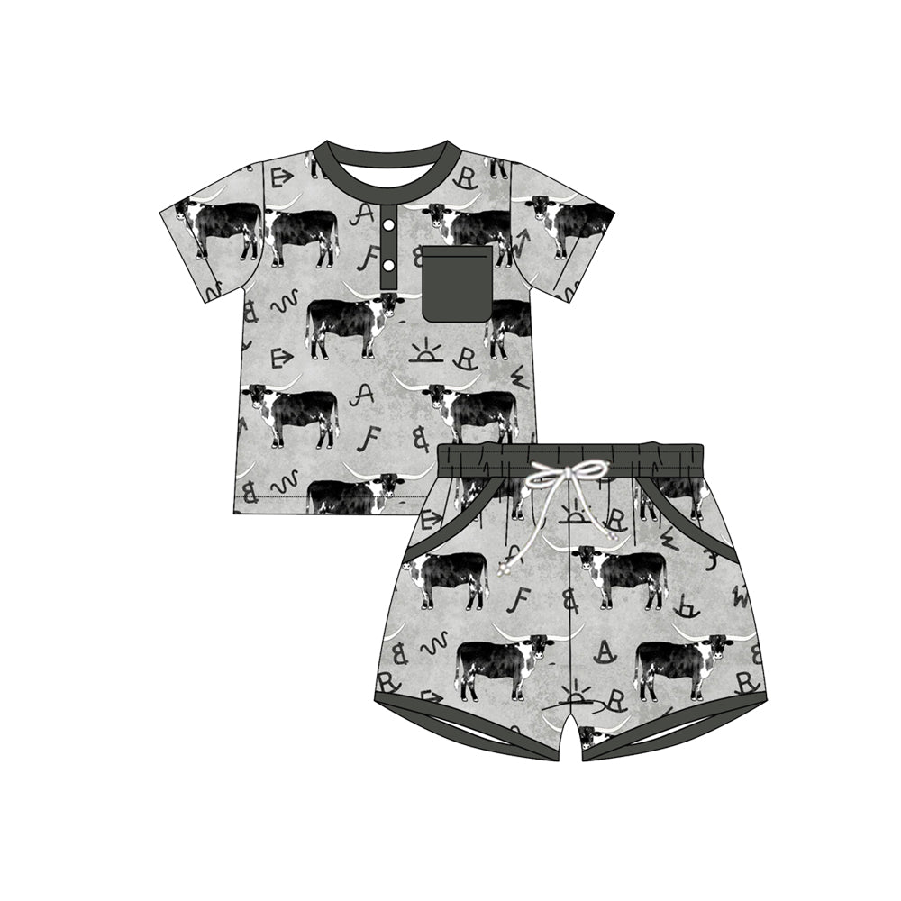 Preorder(moq 5) Baby Boys Grey Cows Button Top Pocket Shorts Western Clothes Sets