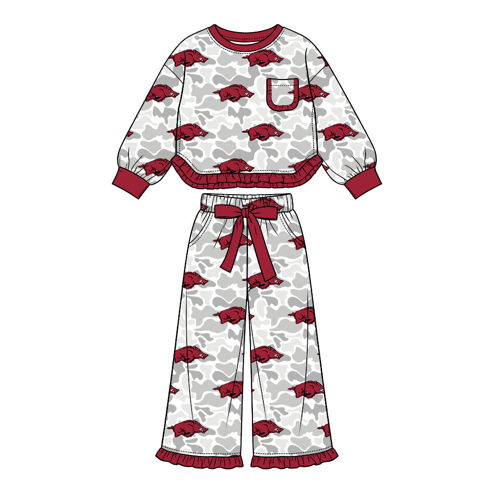 Preorder (moq 5) Baby Girl Clothes White Camo Wild Boar Animal Print Long Sleeve Ruffle Hem Top Wide Leg Pant Outfit Set