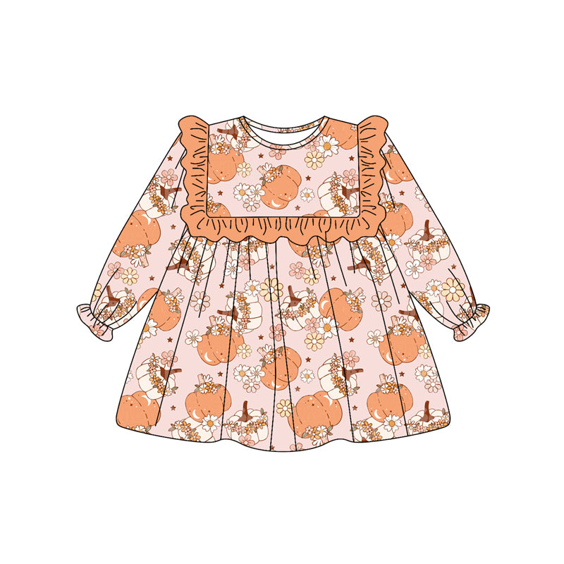 Preorder (moq 5)Baby Girls Pink Long Ruffle Sleeves Flowers Pumpkins Knee Length Dresses