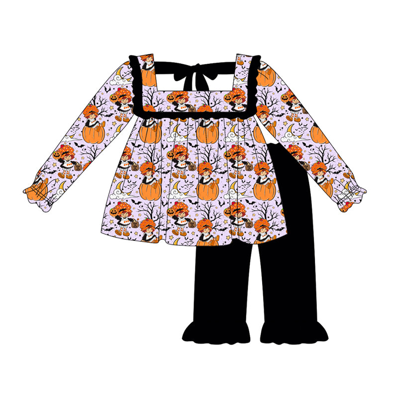 Preorder (moq 5)Baby Girls Lavender Long Sleeves Pumpkin Bats Tunic Black Ruffle Pant Set