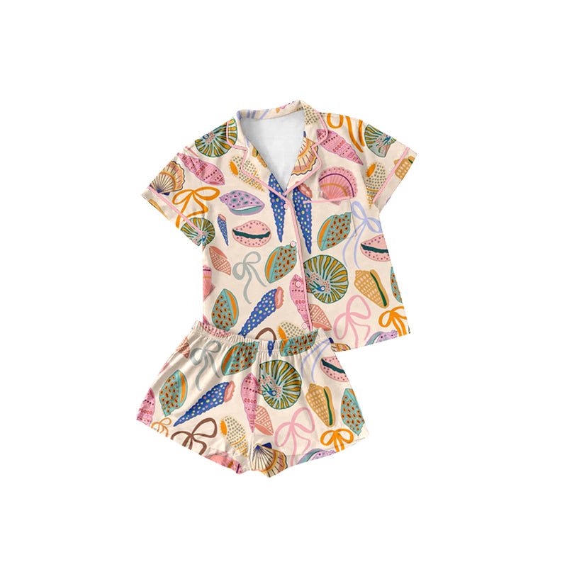Preorder (moq 5)Baby Girls Short Sleeves Button Pocket Colorful Bows Shell Top Short Pajamas Set