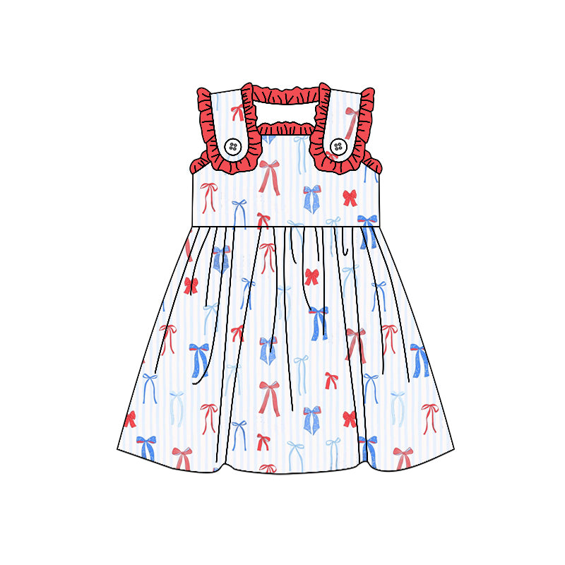 Preorder moq 5 Baby Girls Sleeveless Blue Red Bows 4th Of July Knee Length Dresses