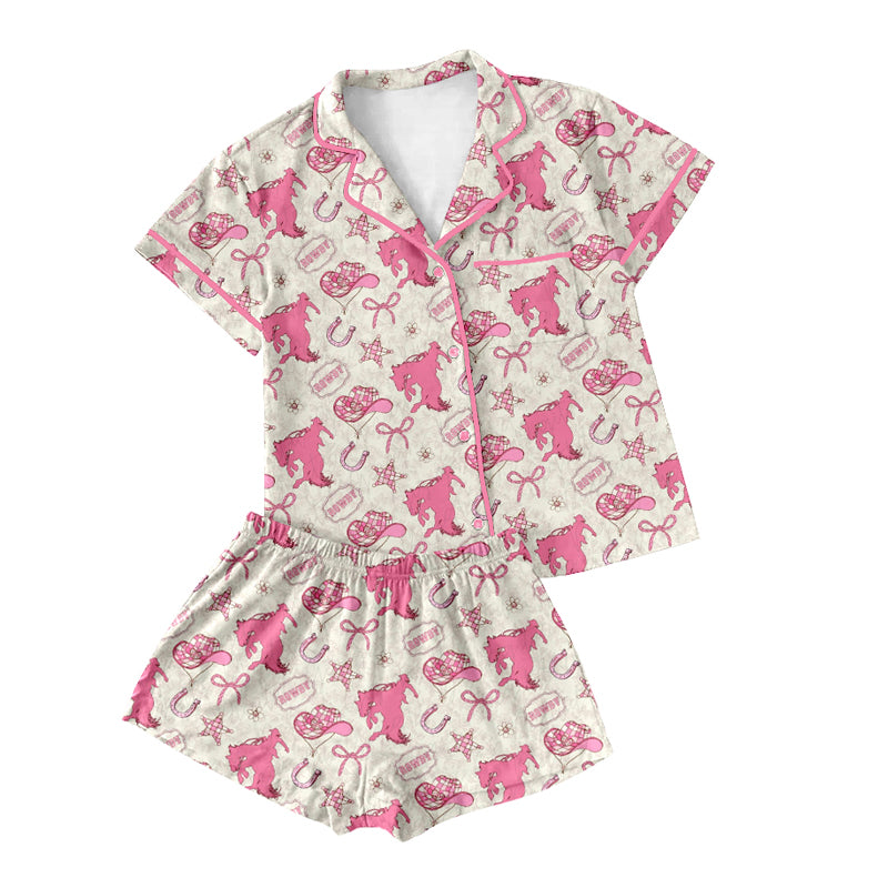 Preorder(moq 5)Adult Women Pink Short Sleeves Button Pocket Horse Rodeos Bows Top Short Pajamas Set