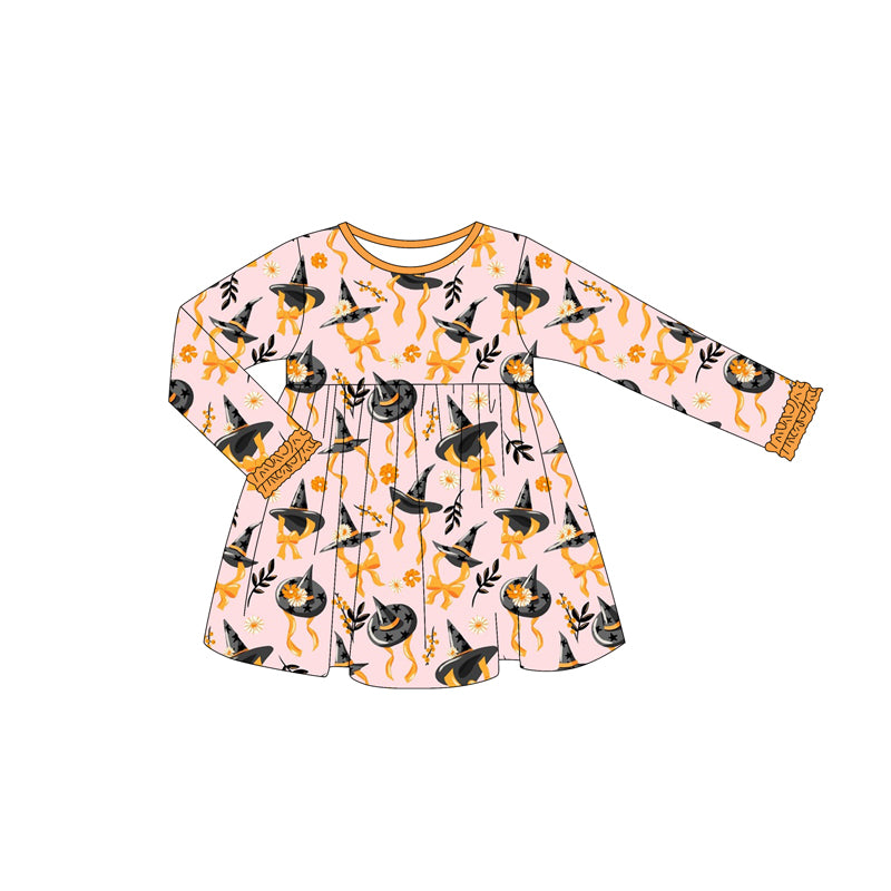 Preorder (moq 5)Baby Girls Long Ruffle Sleeves Flowers Magic Hats Knee Length Dresses