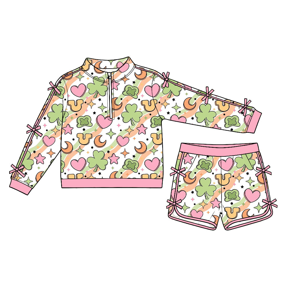 Preorder (moq5) Baby Girls Clovers Hats Hearts Zip Pullover Pockets Short St Patrick Set