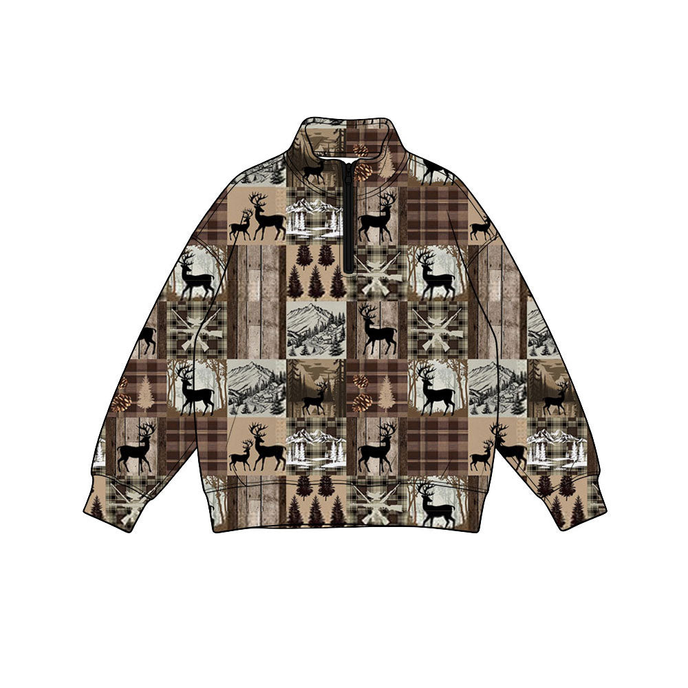 Preorder(moq 5) Baby Boys Long Sleeve Khaki Checked Deer Hunting Zip Pullovers Top