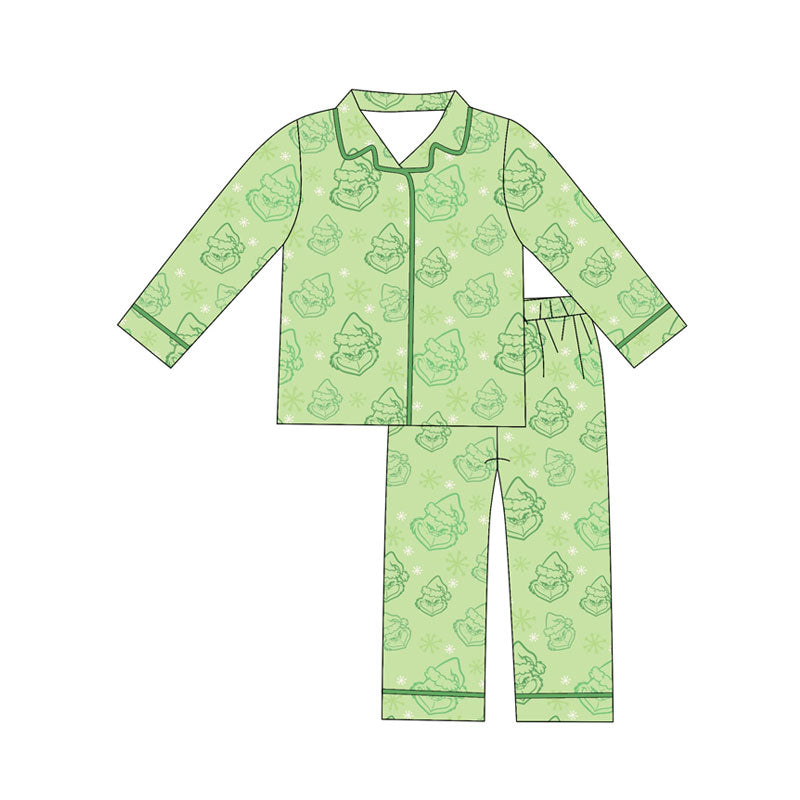 Preorder(moq 8)Baby Boys Green Face Snowflake Button Top Pants Christmas Pajamas Sets