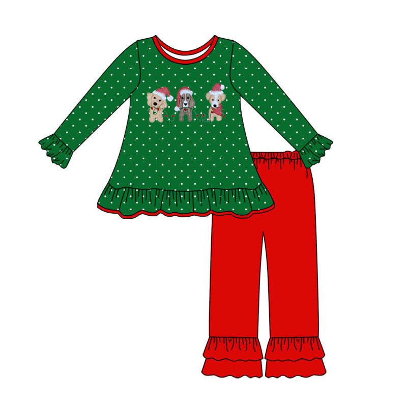 Preorder (moq 5)Baby Girls Dogs Light Polka Dots Tunic Ruffle Pants Christmas Set
