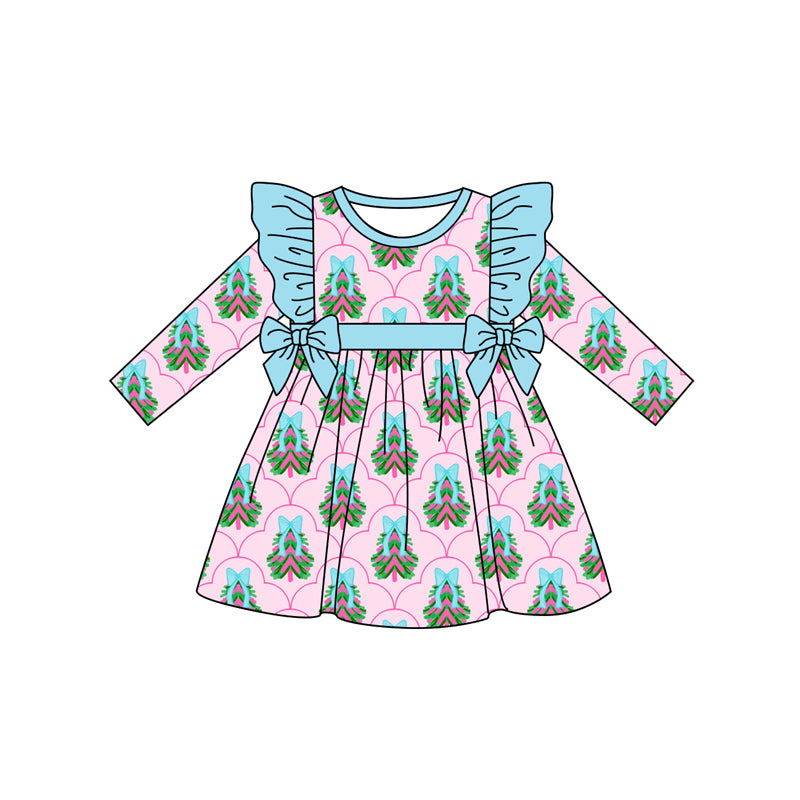 Preorder (moq 5)Baby Girls Pink Long Sleeves Bows Trees Plaid Knee Length Dresses
