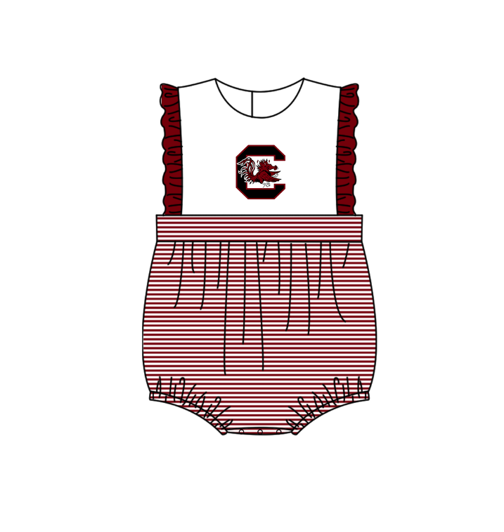 Preorder (moq 5)Baby Girls Sleeveless South Carolina Team Ruffle Rompers