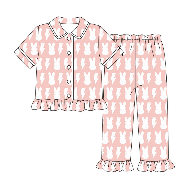 Preorder (moq 5)Baby Girls Rabbits Lights Button Top Ruffle Pants Easter Pajamas Sets