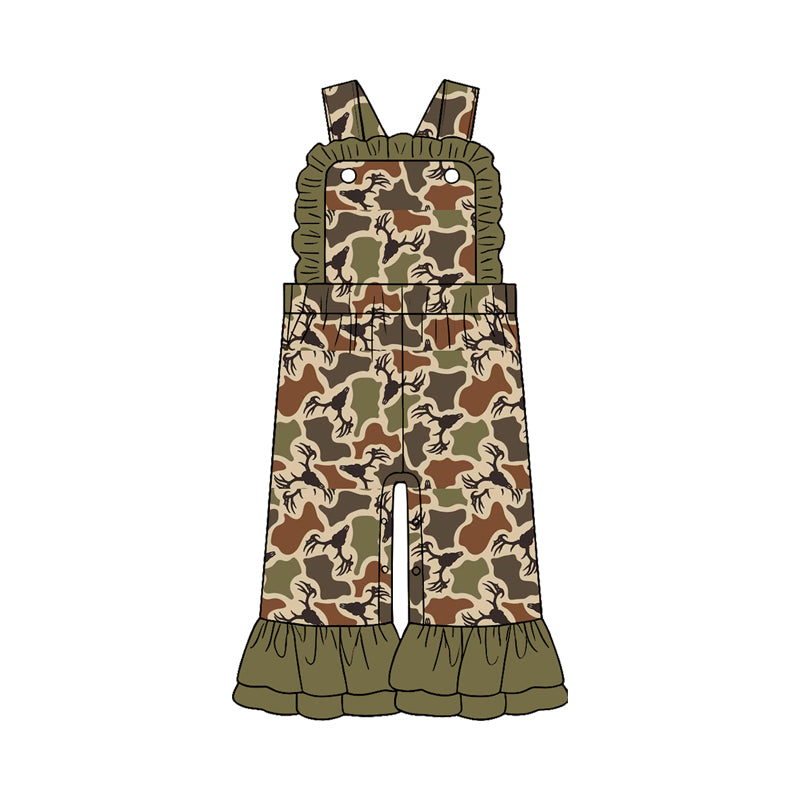 Pre-order (moq5) Girls’ Fall Thanksgiving Camo Moose Ruffle Long-Sleeve Jumpsuit