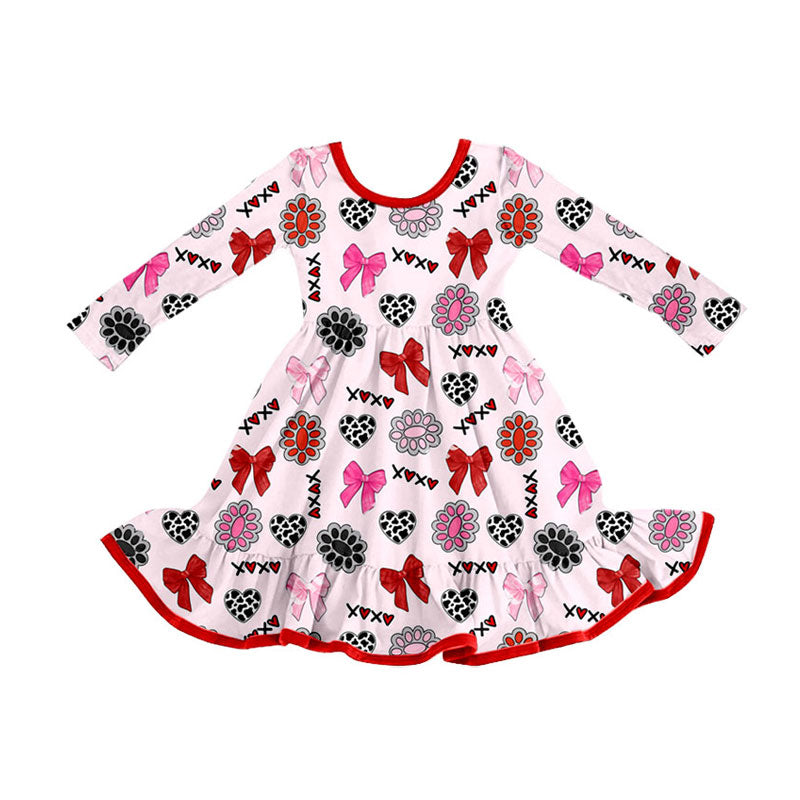 Preorder (moq 5)Baby Girls Bows Turquoises XOXO Hearts Valentine Ruffle Knee Length Dress