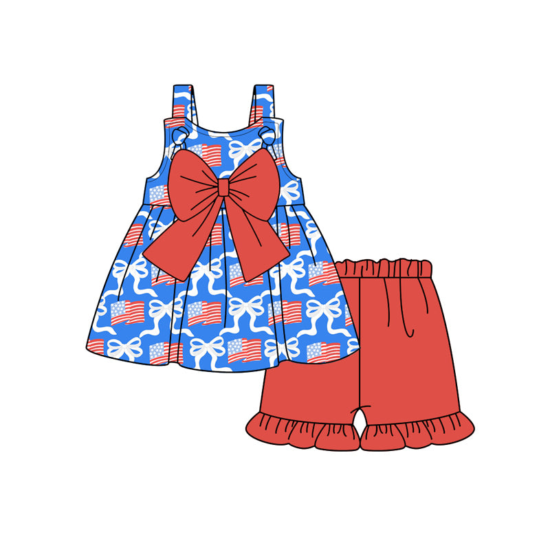 Preorder (moq 5)Baby Girls 4th of July Flags Bows Tunic Top Shorts Clothes Sets