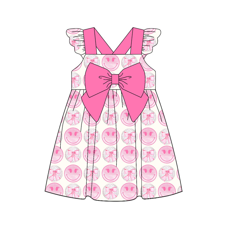 Preorder (moq 5)Baby Girls Pink Flutter Sleeves Smiles Bows Knee Length Dress