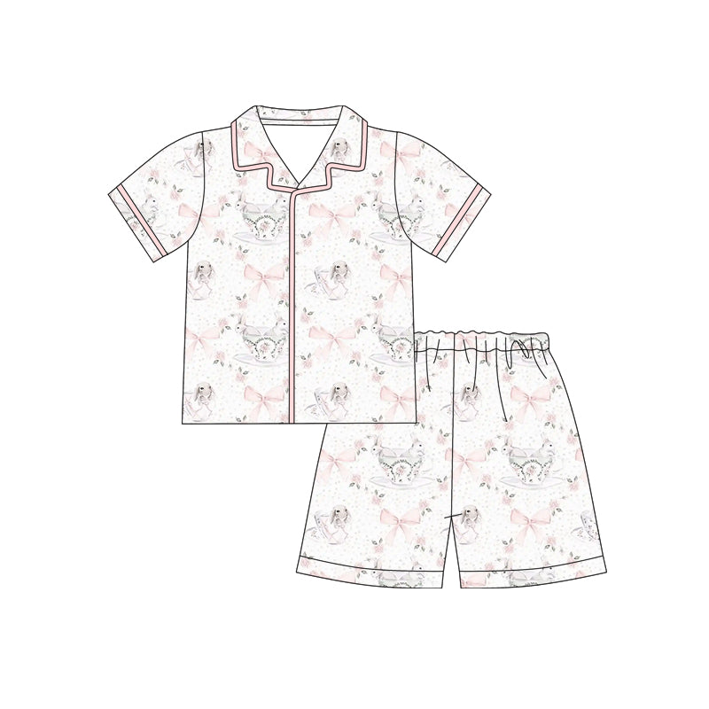 Preorder (moq 5)Baby Girls Pink Bows Rabbits Checked Button Top Shorts Easter Pajamas Sets