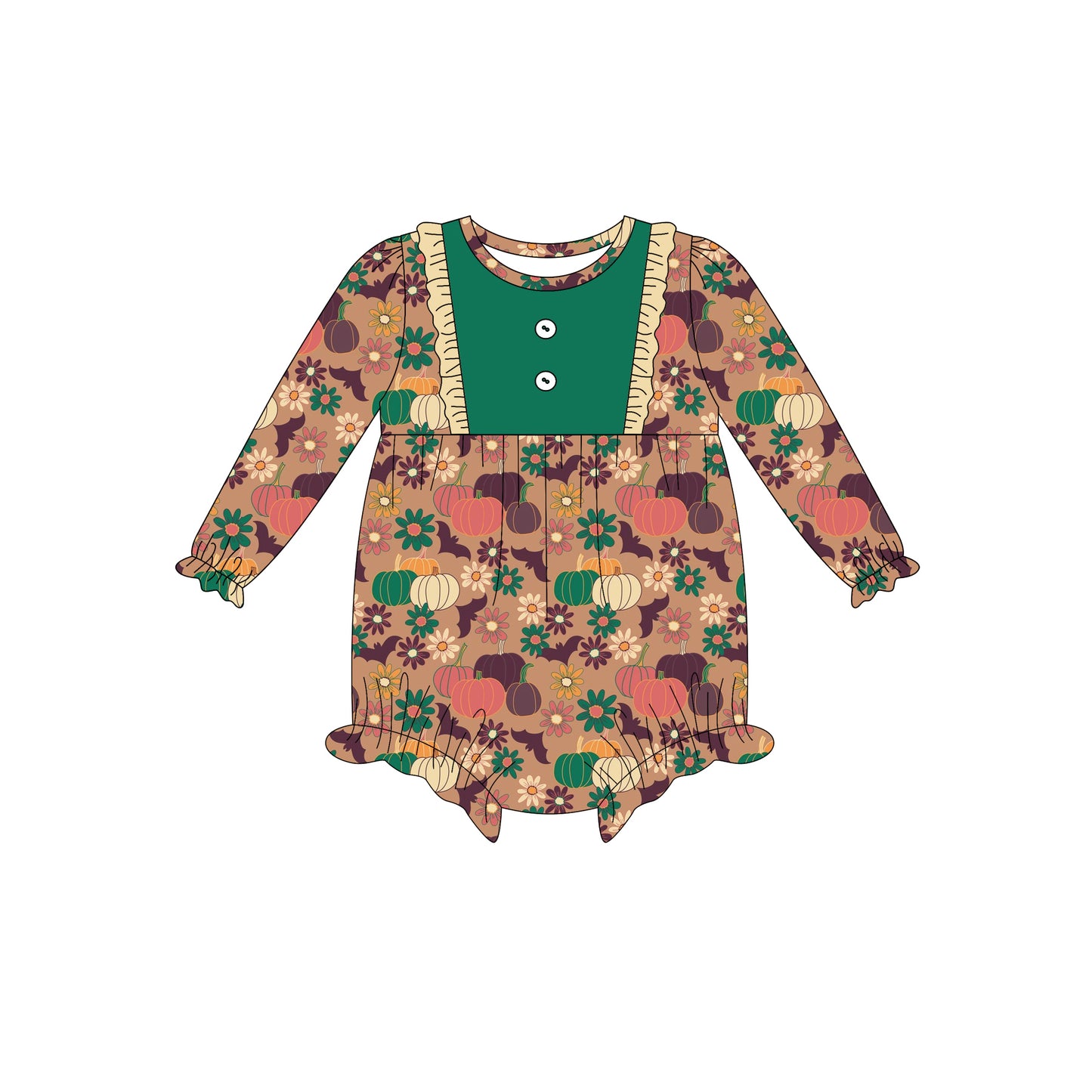 Preorder (moq 5)Baby Girls Long Sleeves Pumpkins Flowers Bats Button Ruffle Romper