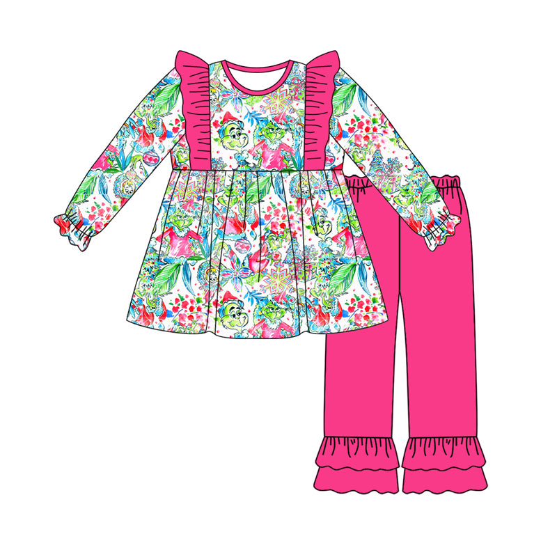 Preorder (moq 5)Baby Girls Green Face Floral Tunic Ruffle Pants Christmas Set