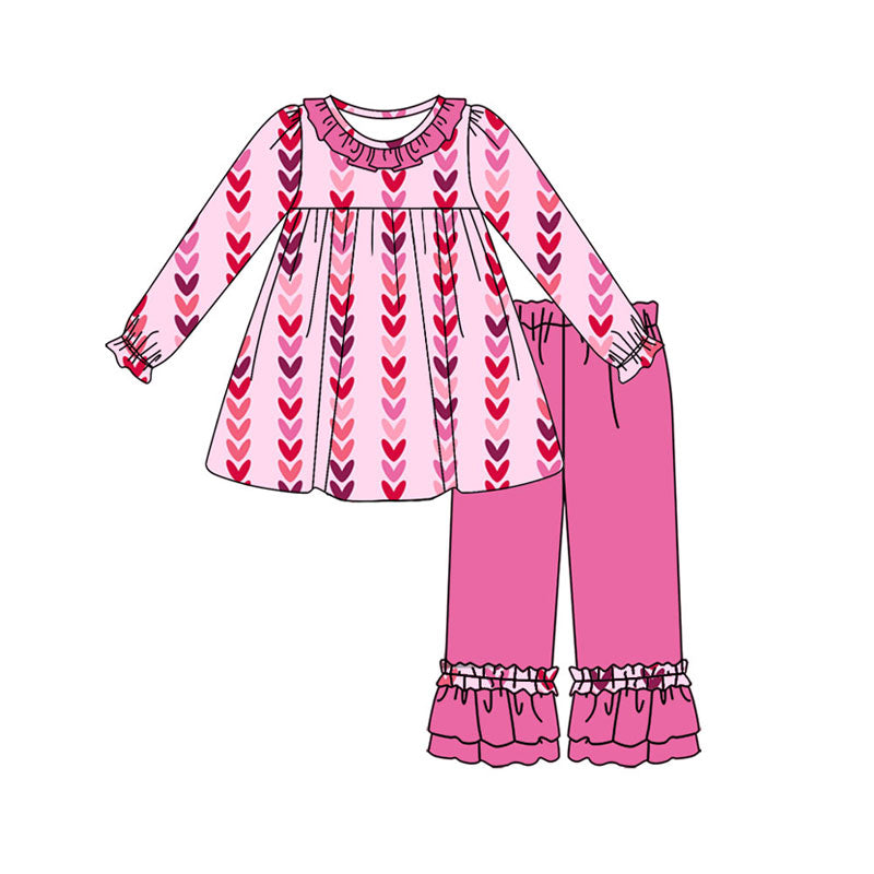 Preorder (moq 5)Baby Girls Long Sleeve Hearts Stripe Tunic Ruffle Pants Valentine Clothes Sets