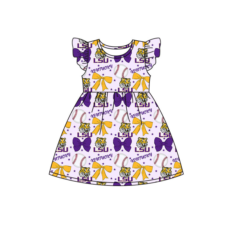 Preorder (moq 5)Baby Girls Flutter Sleeves Baseballs Bows LSU Tiger Team Knee Length Dresses