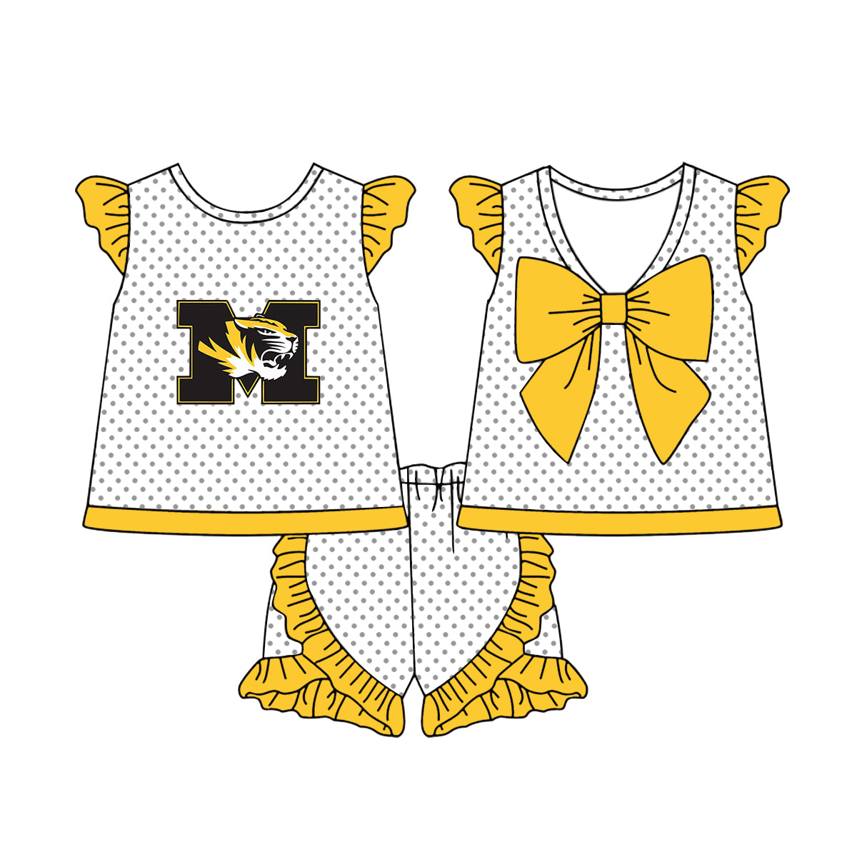 Preorder (moq 5)Baby Girls Yellow Flutter Sleeves Polka Dots Lion M Top Ruffle Shorts Team Set