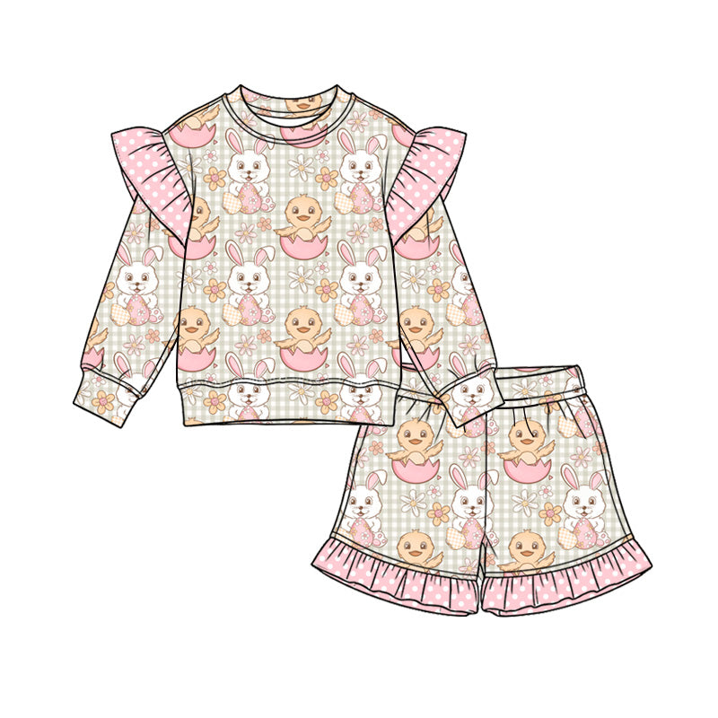 Preorder (moq 5) Baby Girl Clothes Easter Bunny Duck Gingham Mixed Print Long Sleeve Ruffle Shoulder Ruffle Short Set
