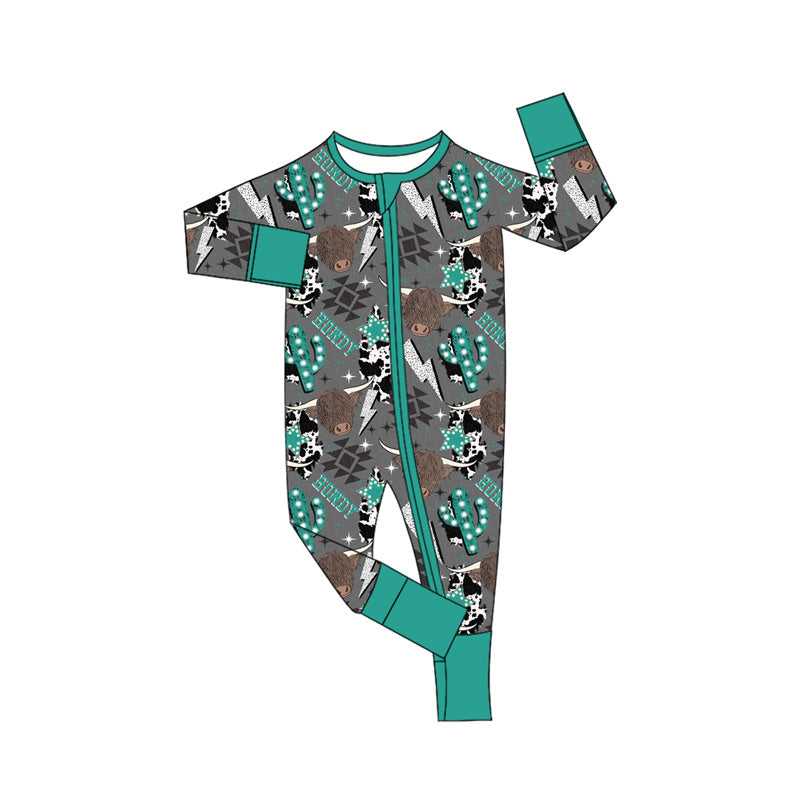 Preorder moq 5 Baby Boys Western Highland Cow Cactus Howdy Zippy Sleepers Rompers