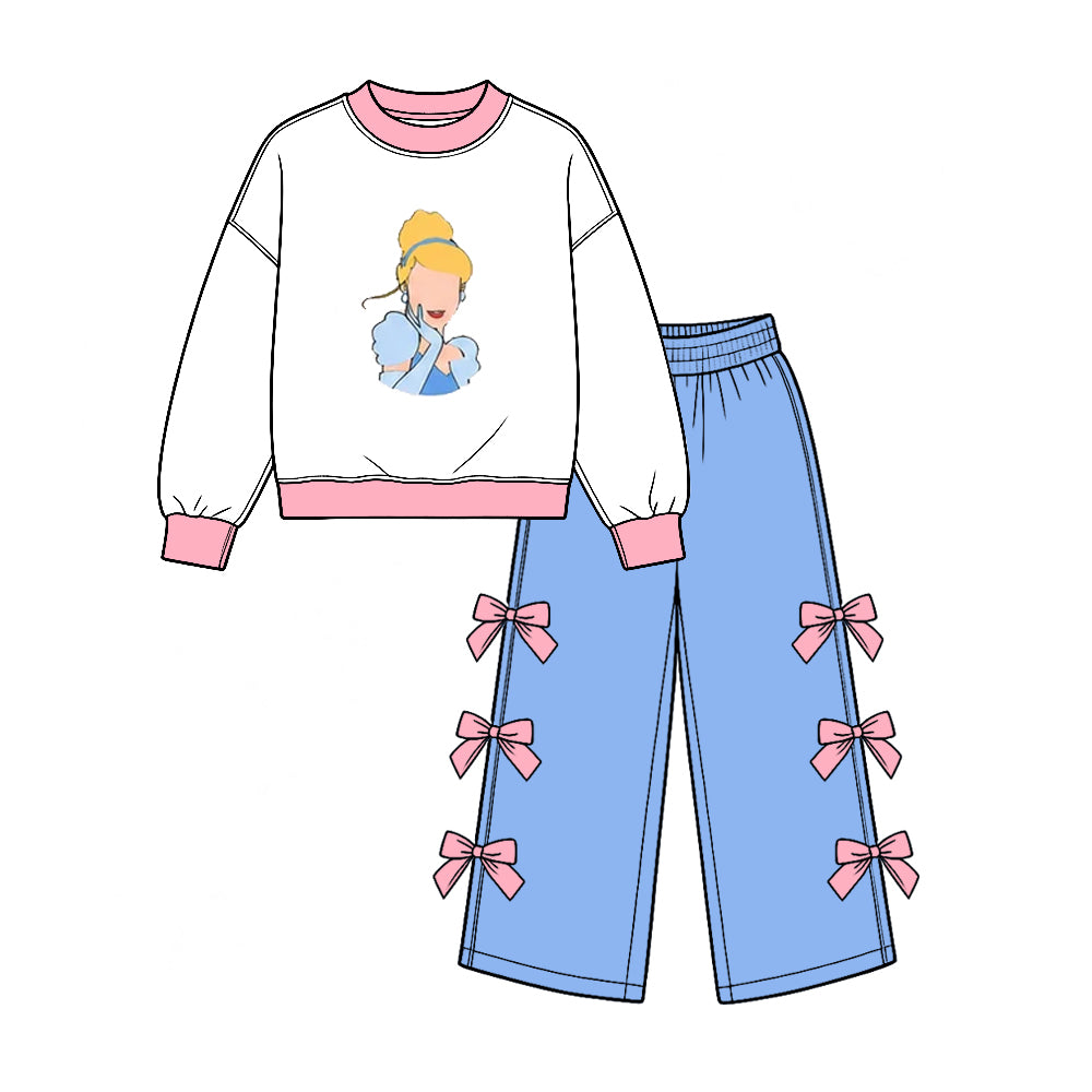 Preorder (moq 5) Baby Girl Clothes Princess Cinderella Character Print Long Sleeve Bow Decor Wide Leg Pant Set